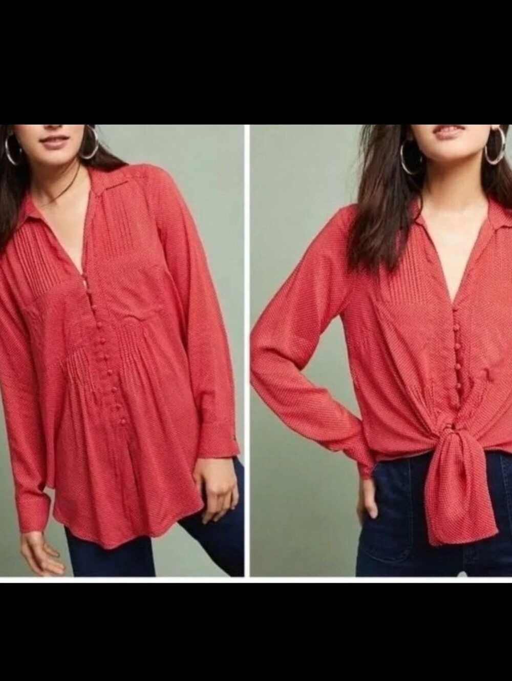 Anthropologie Maeve Matilda Red Polka Dot Button-Front Pintuck Blouse Medium